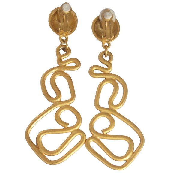 Unsigned Anne Klein Matte Gold Tone Modernist Snake Dangle Clip-On Earrings E59 - Picture 5 of 8